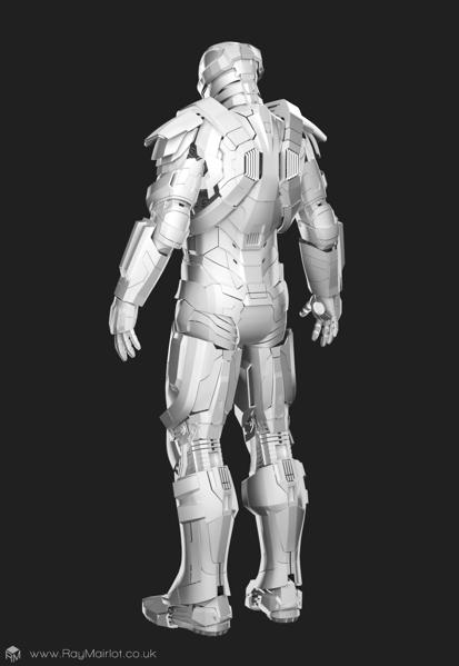 A 3D render of the back view of a model of a partially complete, silver Iron Man 'Heartbreaker' suit on a dark grey background.